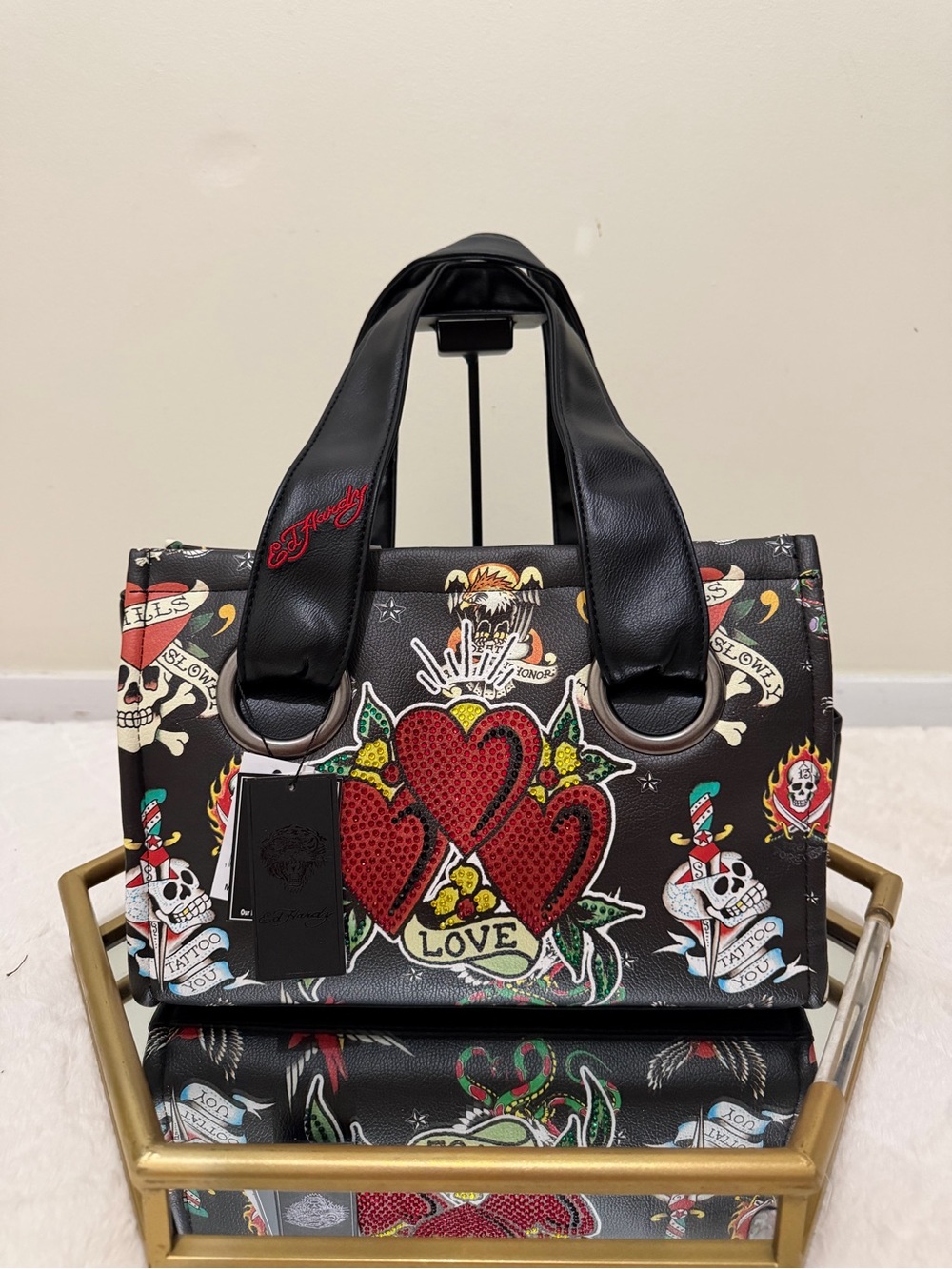 Ed Hardy Black Satchel with Red Heart Tattoo Motif